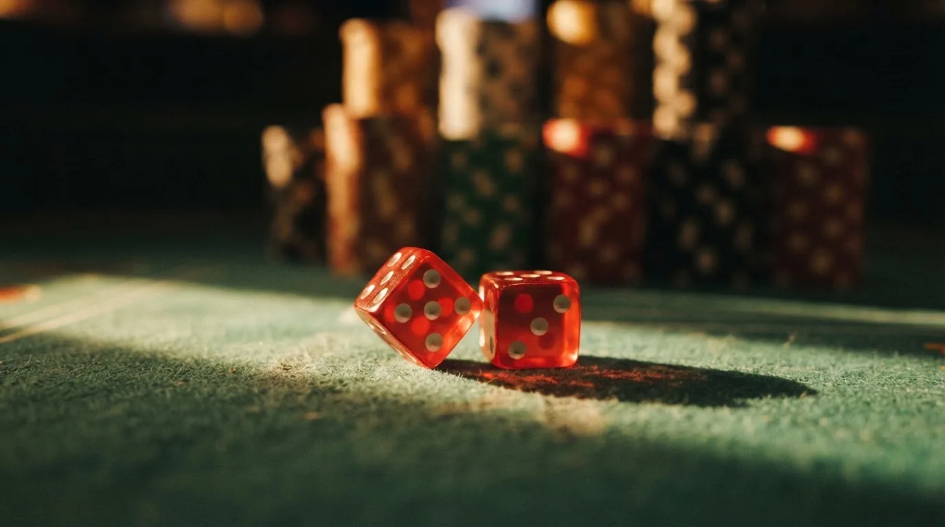 Röda tärningar vilar på grönt filt, bakom dem suddiga torn av spelmarker i kvällsdunklet — svenska casinon för high rollers