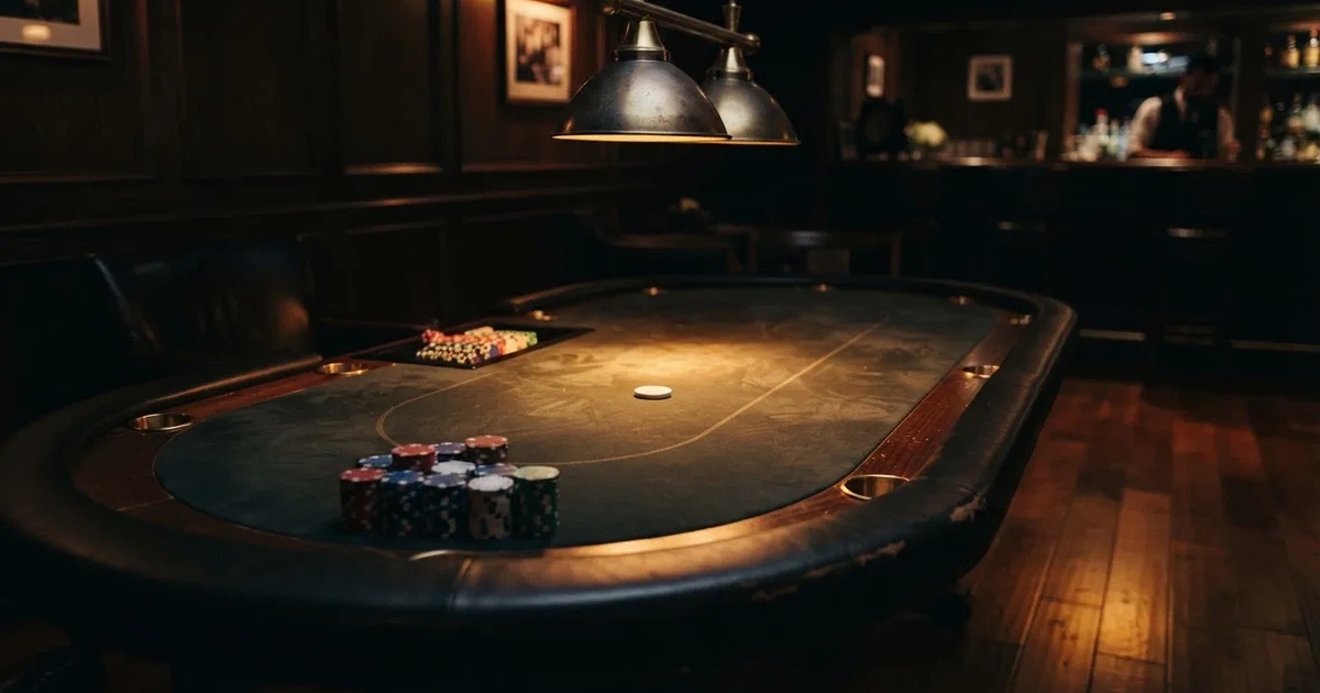 Ett ovalt pokerbord under en lågt hängande lampa, med spelmarker och en vit bricka i ljuset — svenska casinon för high rollers