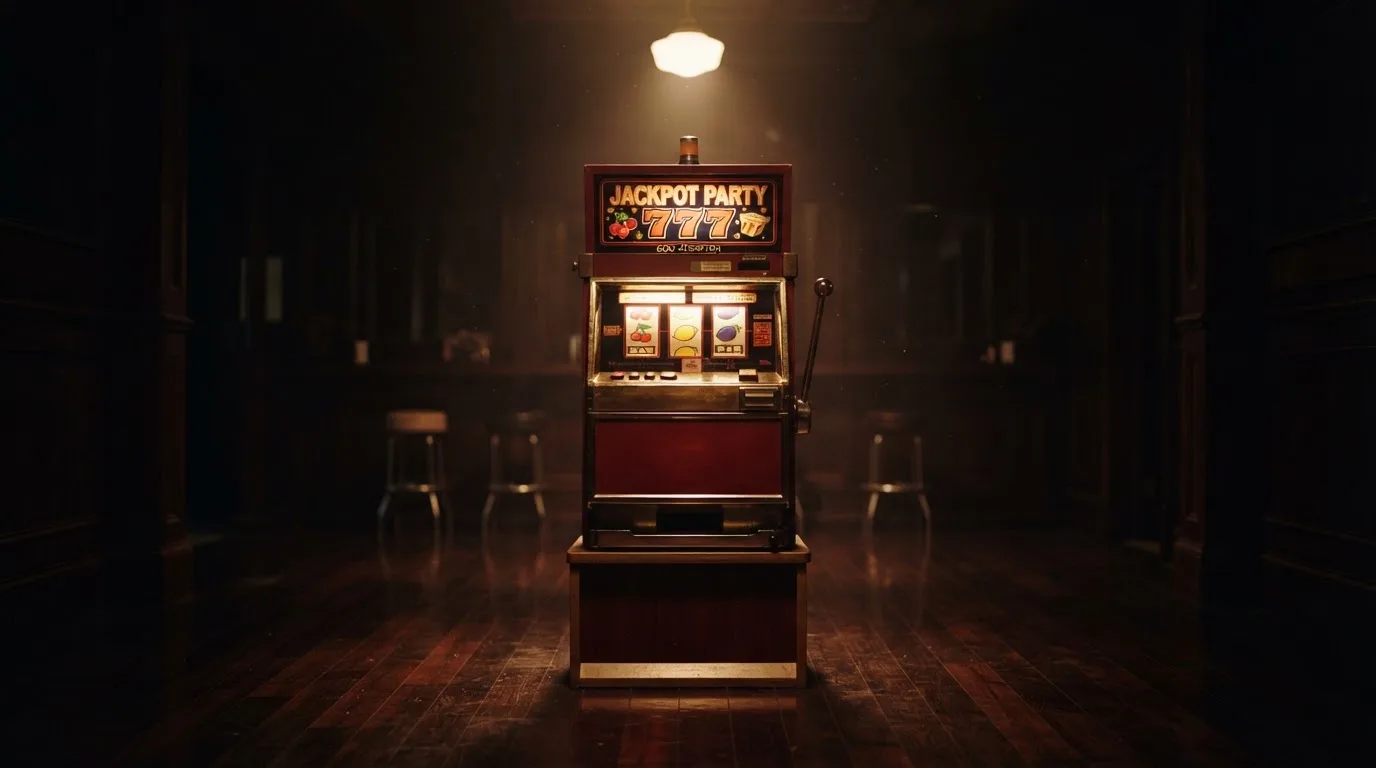 En gammal spelautomat lyser i den dunkla hallen och speglar sig i golvet — svenska casinon för storspelare