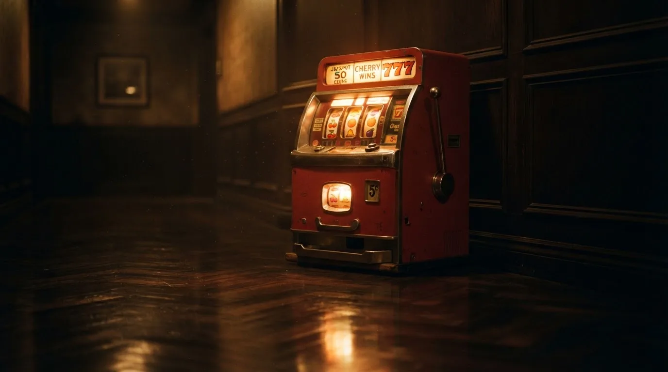 En gammal spelautomat lyser i den dunkla hallen och speglar sig i golvet — svenska casinon med banköverföring
