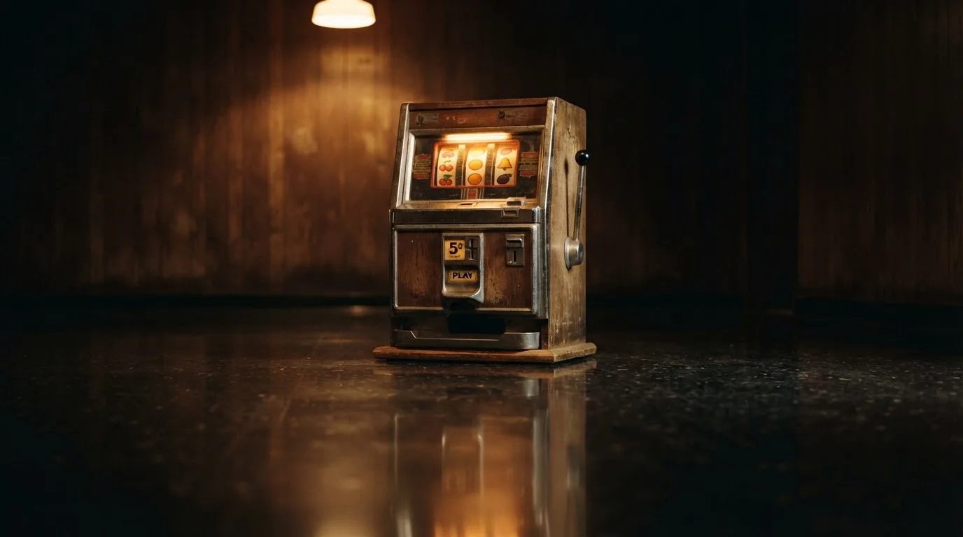 En gammal spelautomat lyser i den dunkla hallen och speglar sig i golvet — svenska casinon med bitcoin