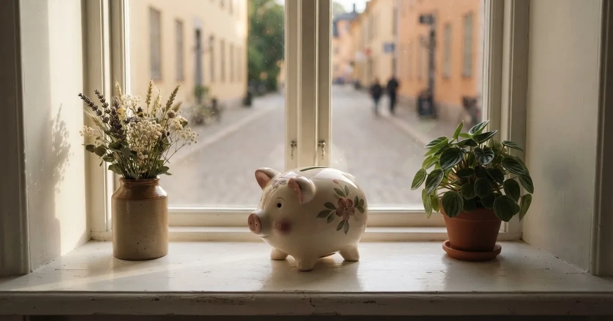 En porslinsgris på fönsterbrädan i morgonljus, bredvid en torkad blombukett och en grön växt — svenska casinon med boku
