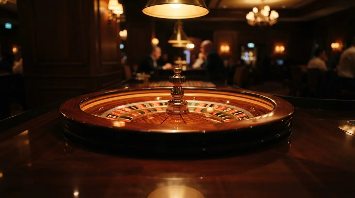 Ett roulettehjul snurrar på ett blankt träbord, den vita kulan glimmar i takljusets guld — svenska casinon med brite