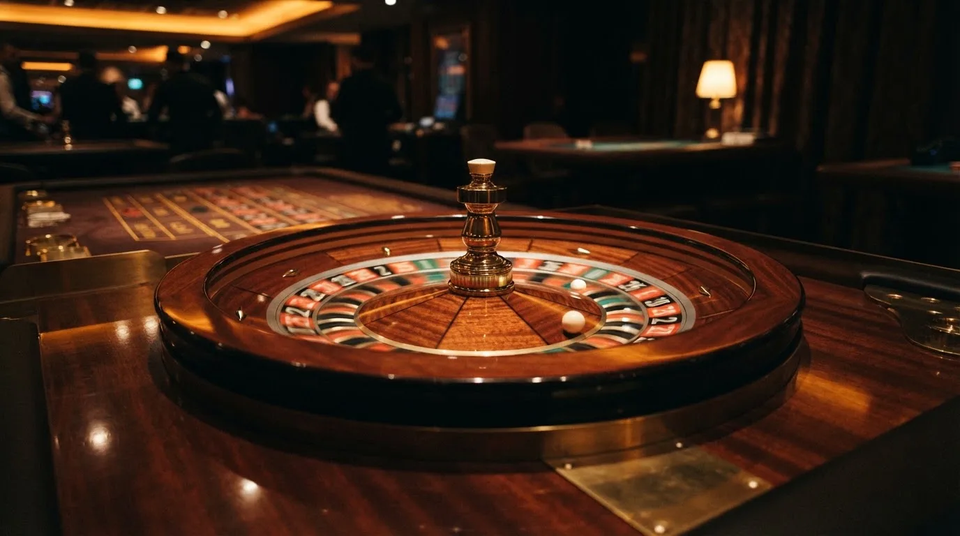 Ett roulettehjul snurrar på ett blankt träbord, den vita kulan glimmar i takljusets guld — svenska casinon med dogecoin