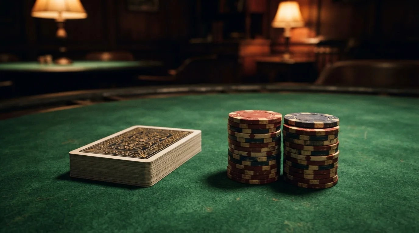 Kortlek och staplar av spelmarker på ett grönt filtbord i en dunkel salong, varmt lampsken — svenska casinon med faktura