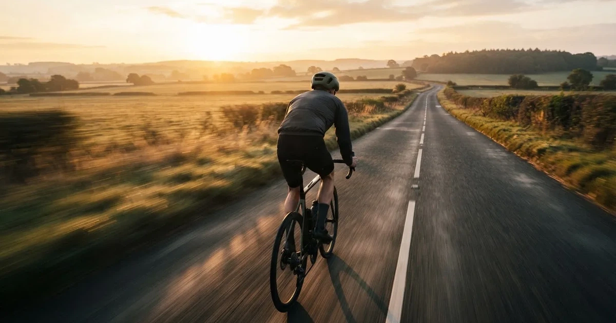 En cyklist susar längs en landsväg vid soluppgång, farten gör åkrarna suddiga i bakgrunden — svenska casinon med faktura