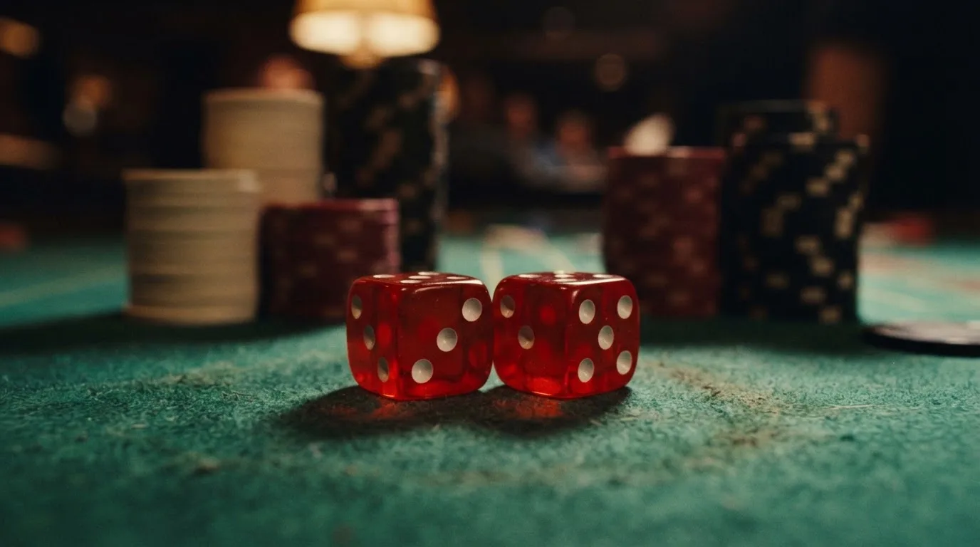 Röda tärningar vilar på grönt filt, bakom dem suddiga torn av spelmarker i kvällsdunklet — svenska casinon med google pay