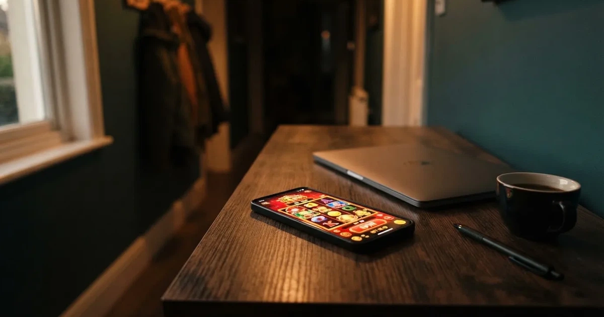 Kaffekopp och penna på ett smalt hallbord i skymning, en stängd bärbar dator vid sidan — svenska casinon med google pay