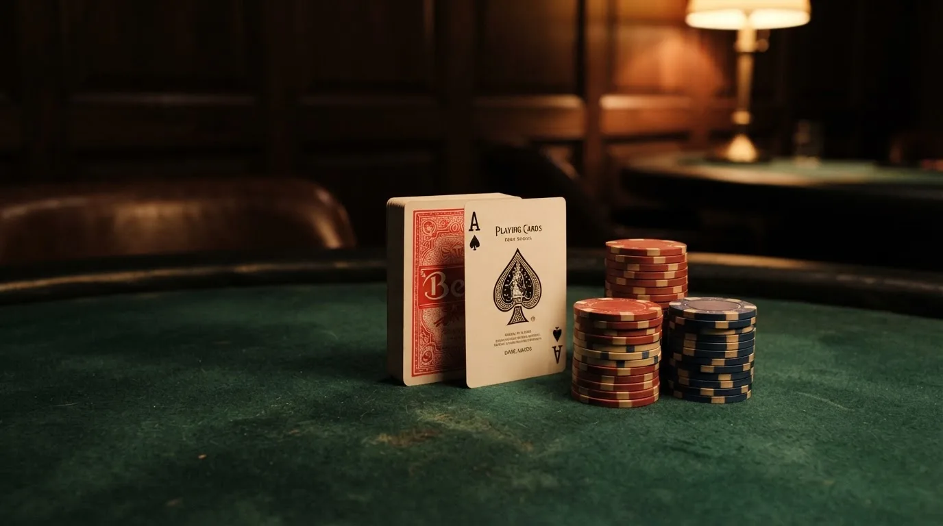 Kortlek och staplar av spelmarker på ett grönt filtbord i en dunkel salong, varmt lampsken — svenska casinon med jeton