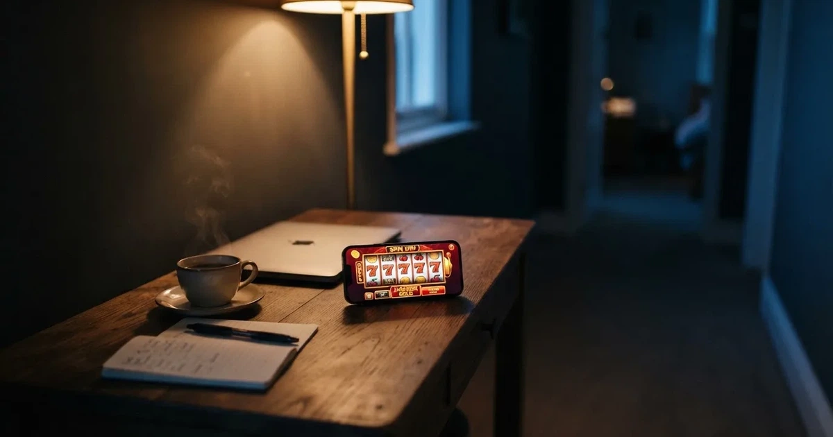 Kaffekopp och penna på ett smalt hallbord i skymning, en stängd bärbar dator vid sidan — svenska casinon med jeton