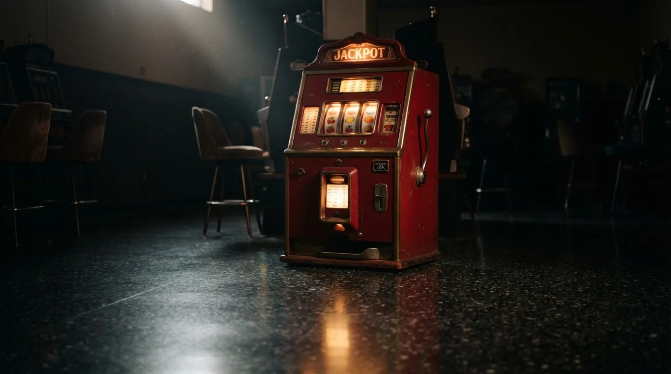 En gammal spelautomat lyser i den dunkla hallen och speglar sig i golvet — svenska casinon med keno