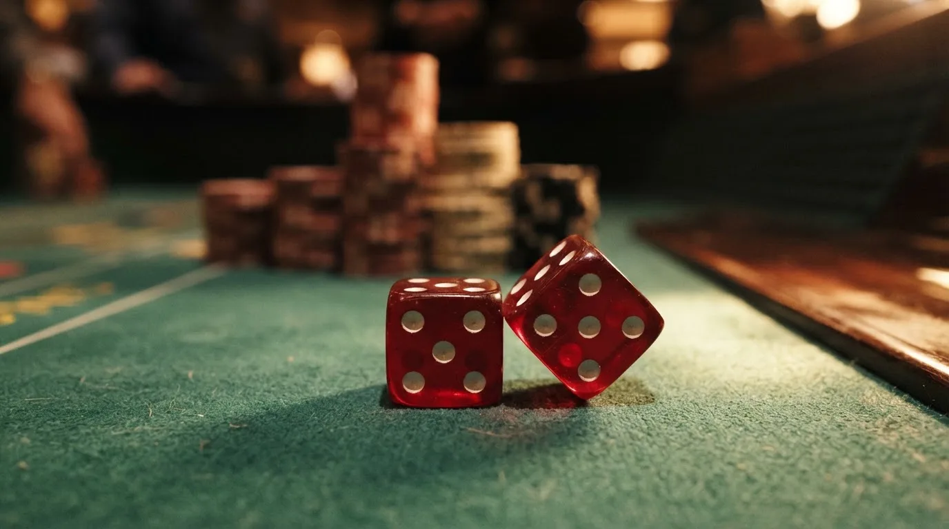 Röda tärningar vilar på grönt filt, bakom dem suddiga torn av spelmarker i kvällsdunklet — svenska casinon med klarna