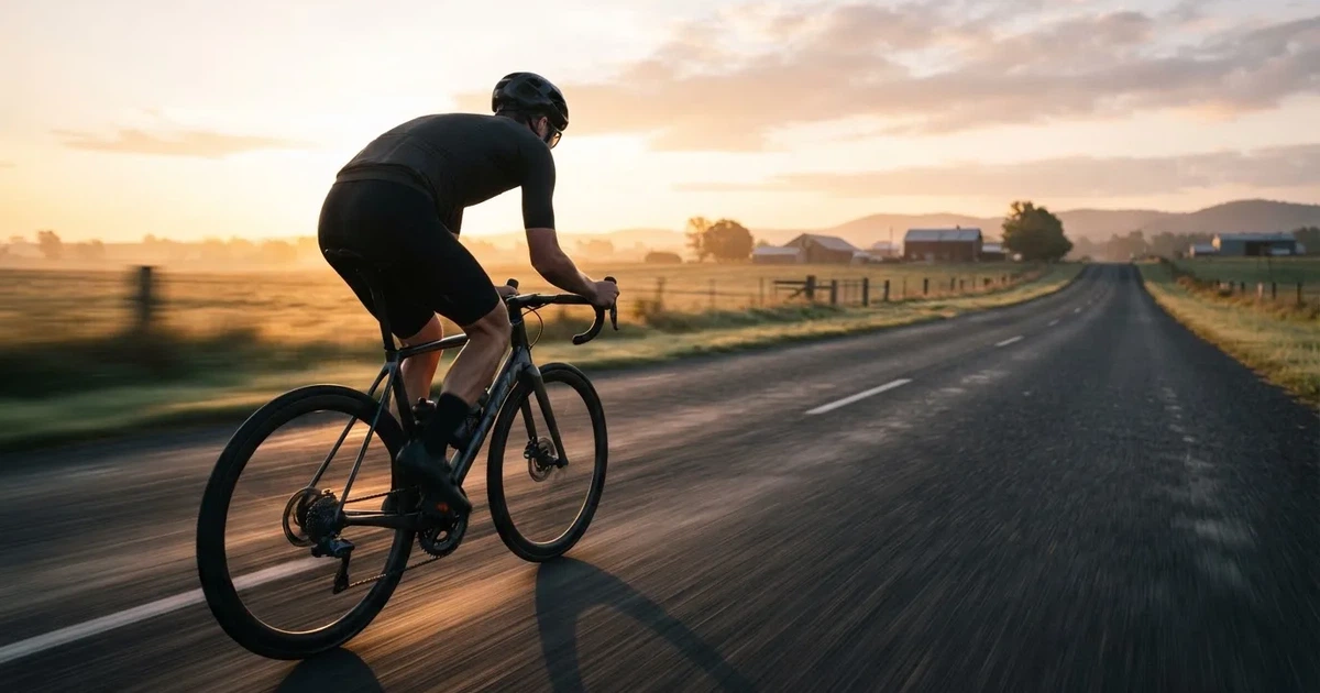 En cyklist susar längs en landsväg vid soluppgång, farten gör åkrarna suddiga i bakgrunden — svenska casinon med klarna