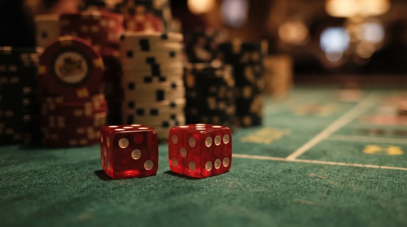Röda tärningar vilar på grönt filt, bakom dem suddiga torn av spelmarker i kvällsdunklet — svenska casinon med litecoin