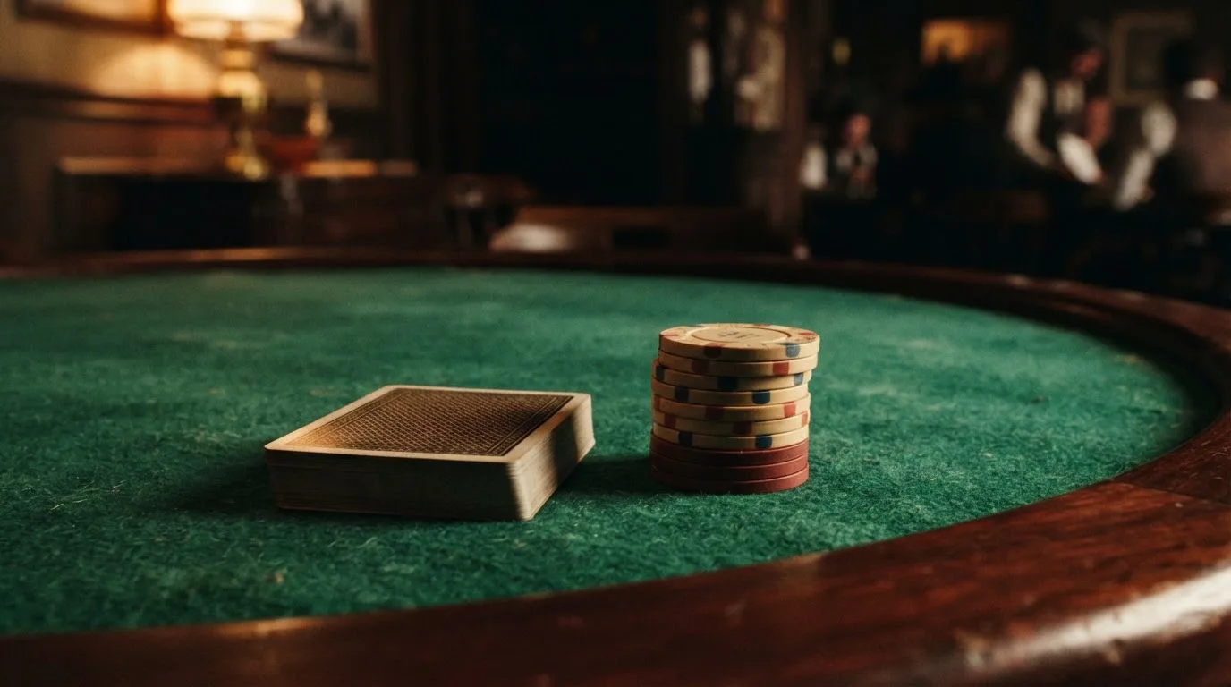 Kortlek och staplar av spelmarker på ett grönt filtbord i en dunkel salong, varmt lampsken — svenska casinon med mastercard
