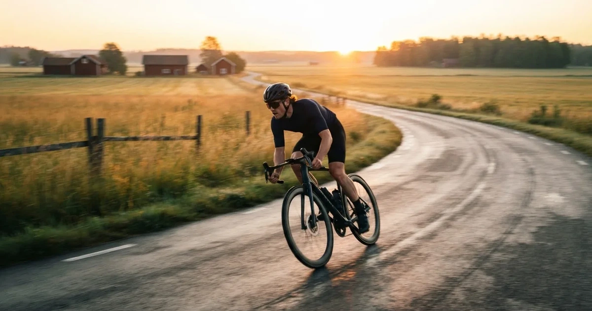 En cyklist susar längs en landsväg vid soluppgång, farten gör åkrarna suddiga i bakgrunden — svenska casinon med mastercard