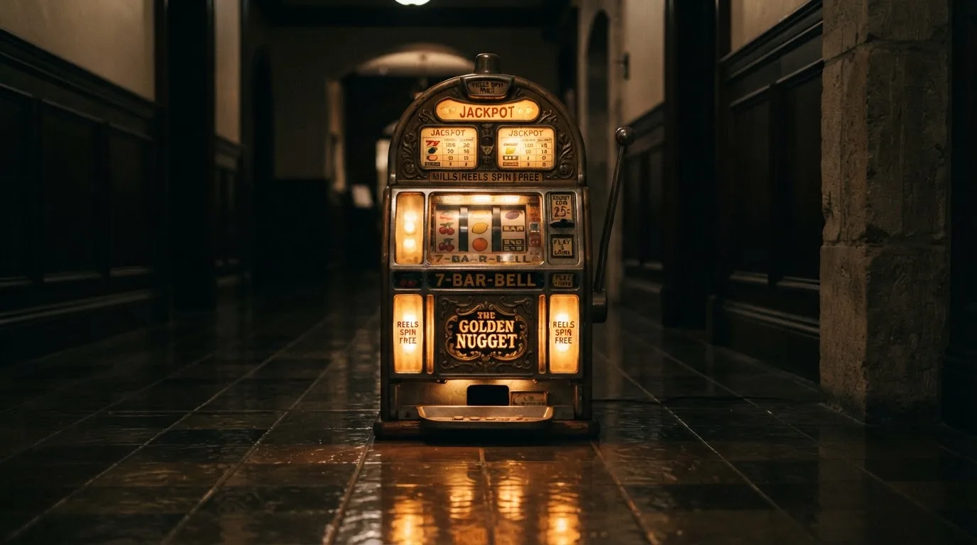 En gammal spelautomat lyser i den dunkla hallen och speglar sig i golvet — svenska casinon med mga licens