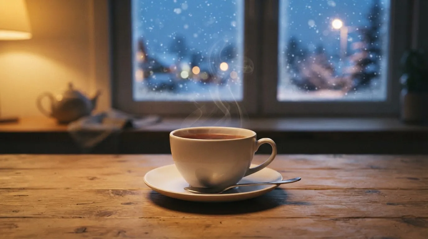 En rykande tekopp på köksbordet en vinterkväll, bakom fönstret faller snön stilla — svenska casinon med mga licens