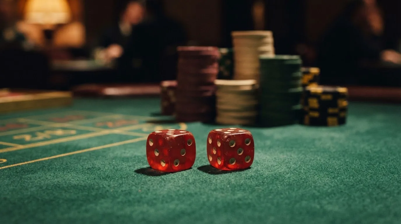Röda tärningar vilar på grönt filt, bakom dem suddiga torn av spelmarker i kvällsdunklet — svenska casinon med neosurf