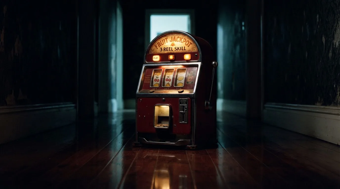 En gammal spelautomat lyser i den dunkla hallen och speglar sig i golvet — svenska casinon med neteller