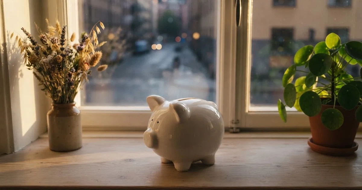 En porslinsgris på fönsterbrädan i morgonljus, bredvid en torkad blombukett och en grön växt — svenska casinon med neteller