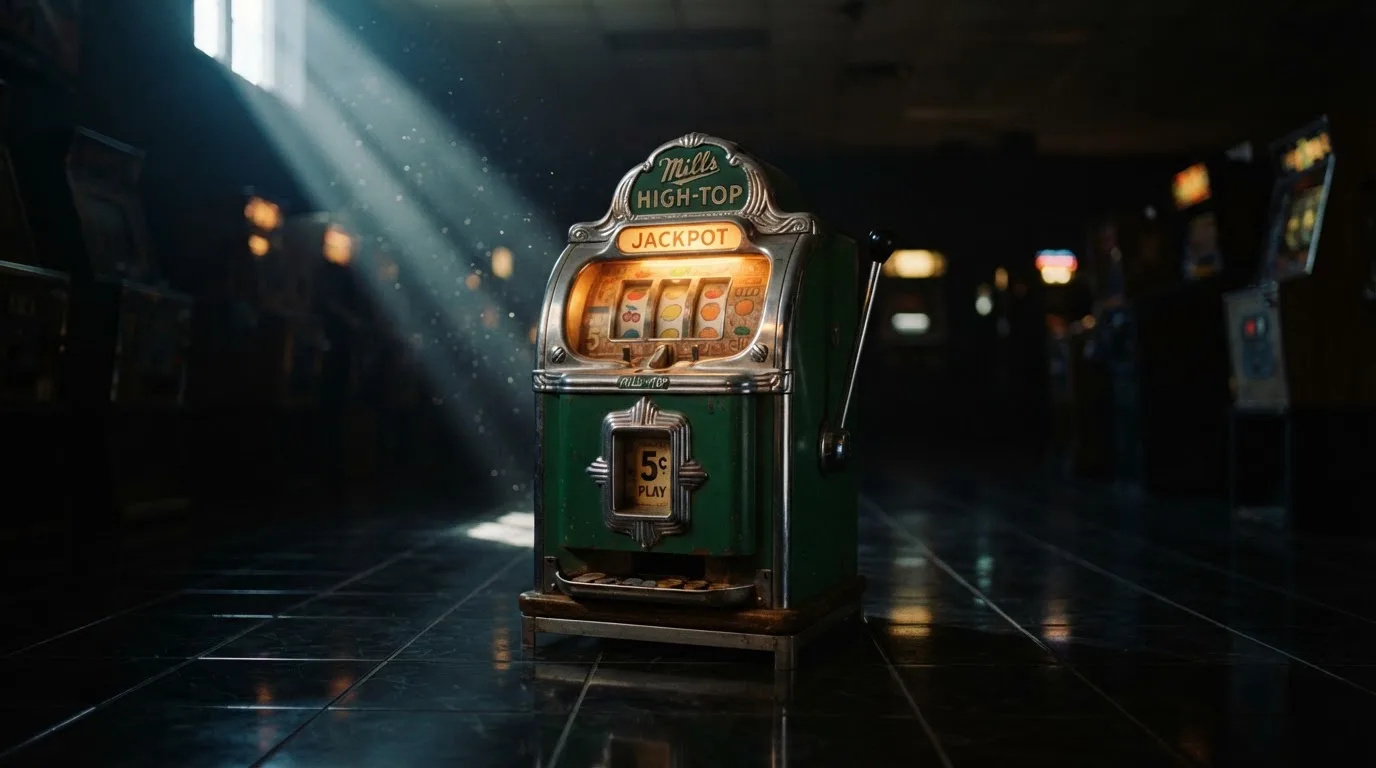 En gammal spelautomat lyser i den dunkla hallen och speglar sig i golvet — svenska casinon med paypal