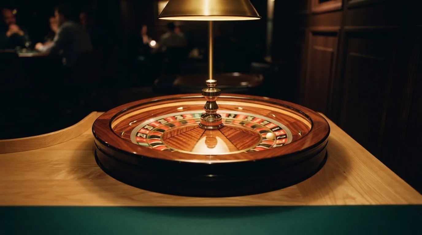 Ett roulettehjul snurrar på ett blankt träbord, den vita kulan glimmar i takljusets guld — svenska casinon med payz