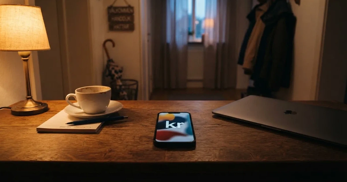 Kaffekopp och penna på ett smalt hallbord i skymning, en stängd bärbar dator vid sidan — svenska casinon med revolut
