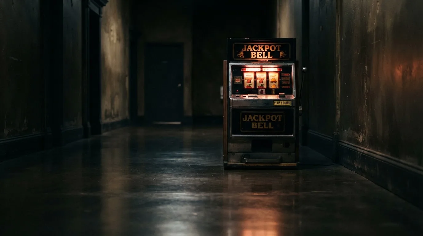 En gammal spelautomat lyser i den dunkla hallen och speglar sig i golvet — svenska casinon med siru
