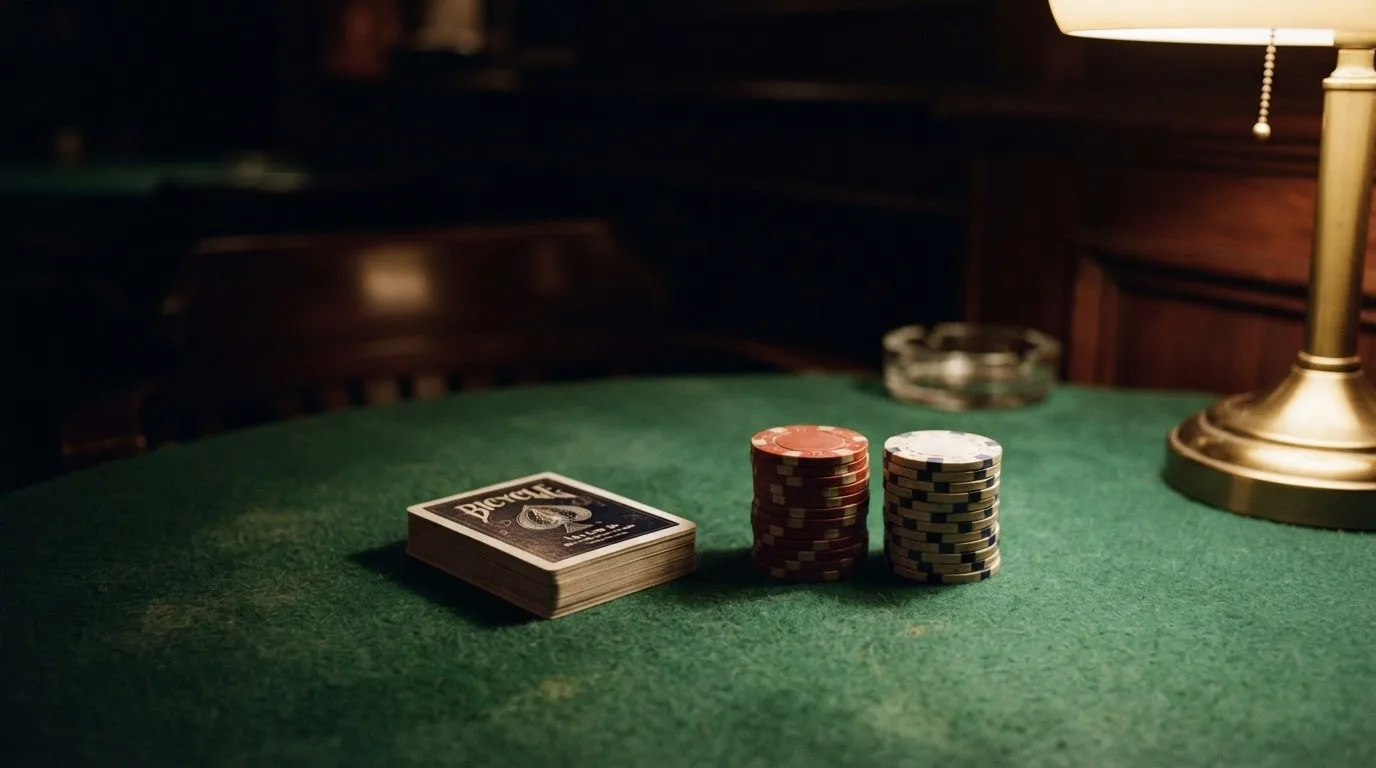 Kortlek och staplar av spelmarker på ett grönt filtbord i en dunkel salong, varmt lampsken — svenska casinon med skrill