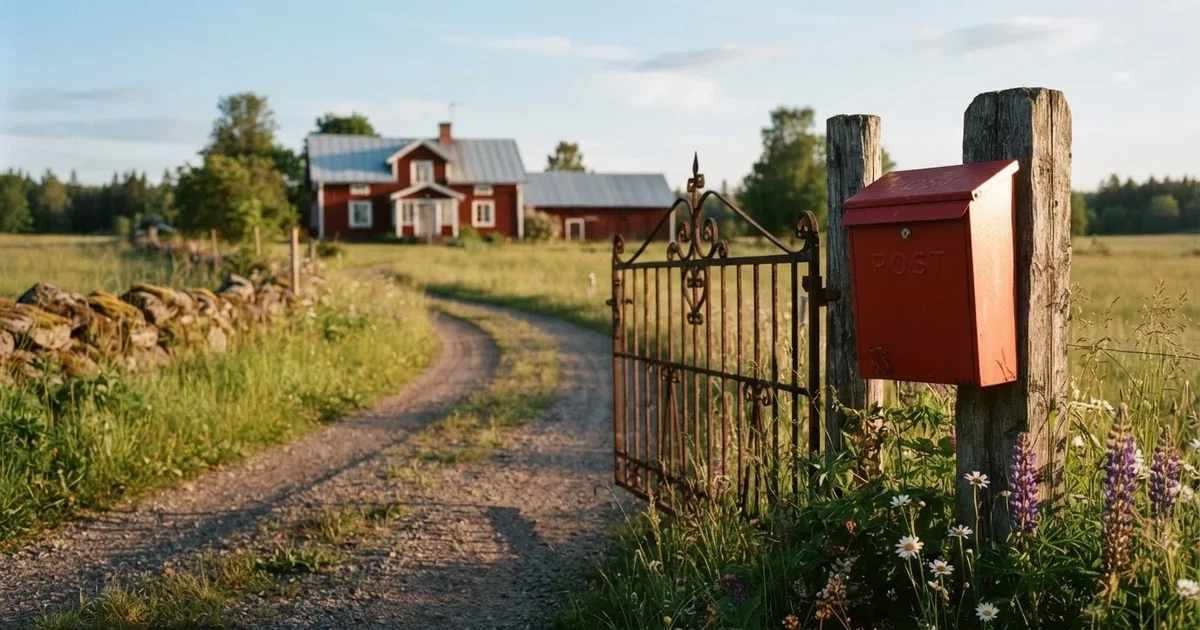 En röd brevlåda vid grinden till en lantgård en sommarkväll, daggigt gräs och långa skuggor — svenska casinon med skrill