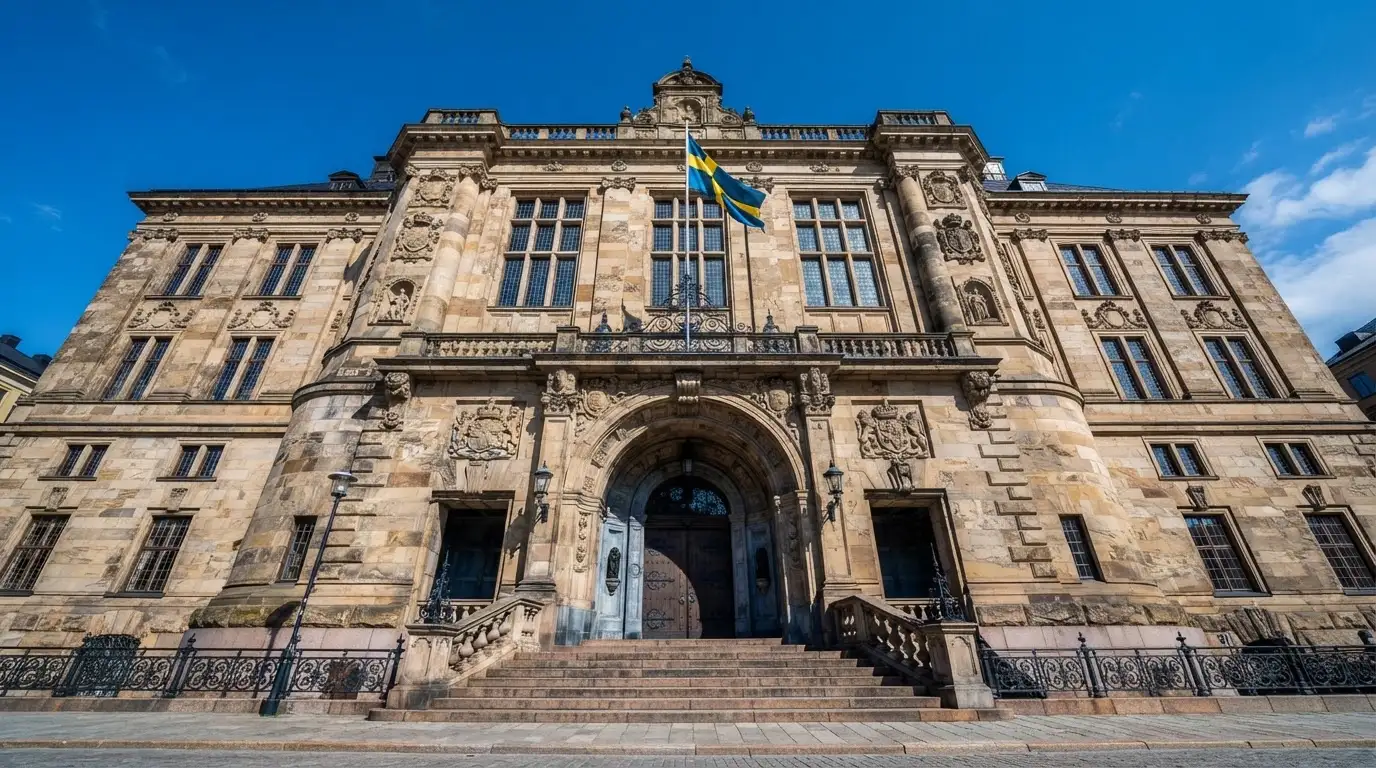 Ett gammalt stadshus i sten fotograferat underifrån mot en klarblå himmel, med den svenska flaggan som fladdrar ovanför entrén.