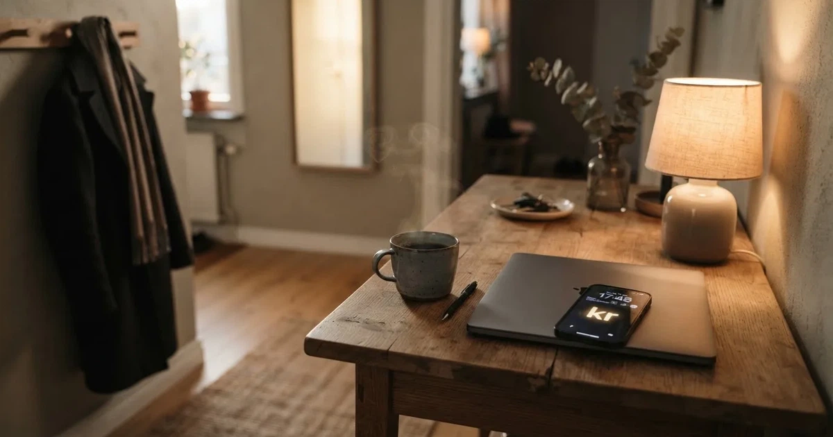 Kaffekopp och penna på ett smalt hallbord i skymning, en stängd bärbar dator vid sidan — svenska casinon med swish