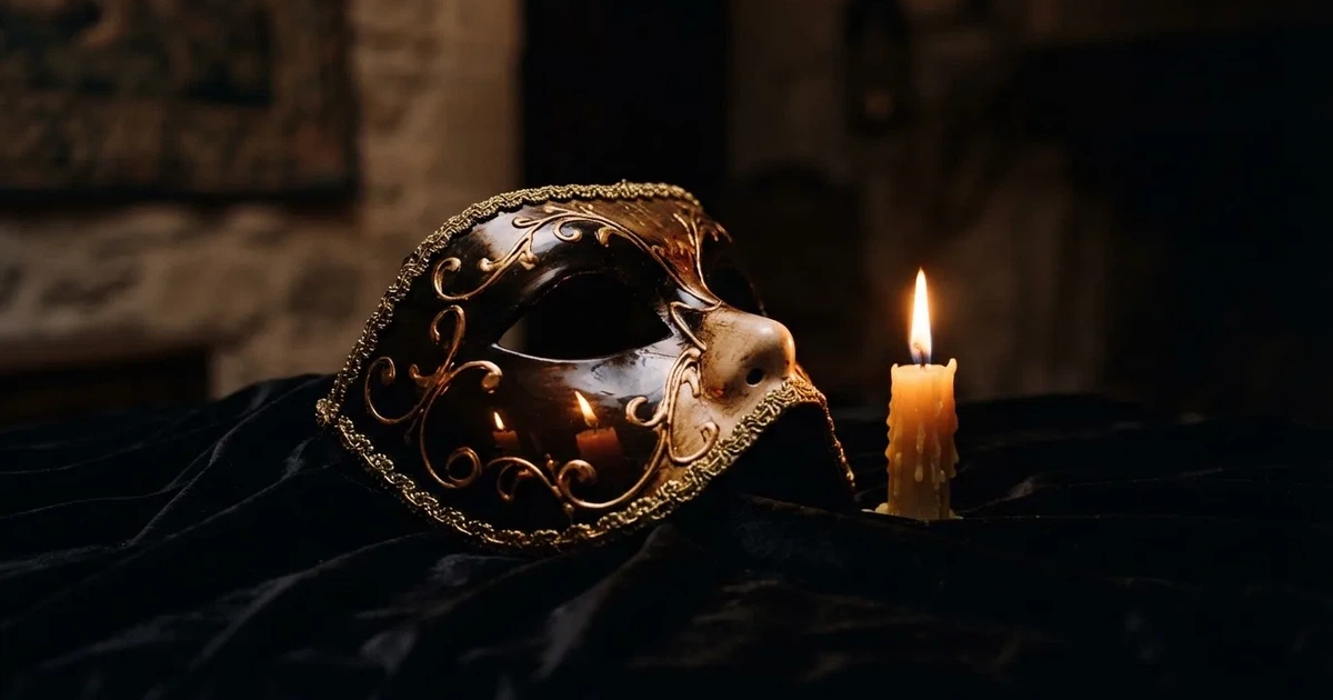 En venetiansk mask på svart sammet, ljuslågan speglas i dess blanka yta — svenska casinon med tether