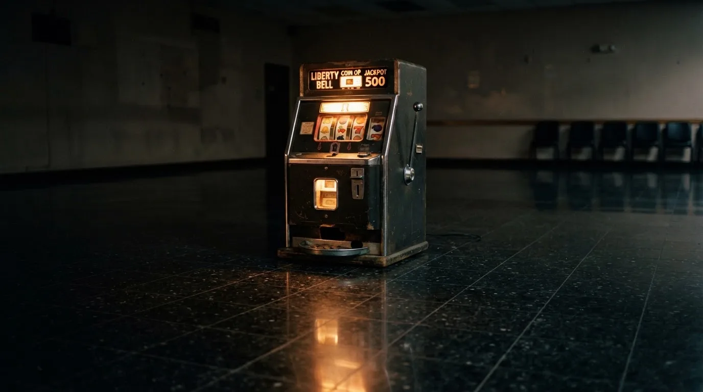En gammal spelautomat lyser i den dunkla hallen och speglar sig i golvet — svenska casinon med tron