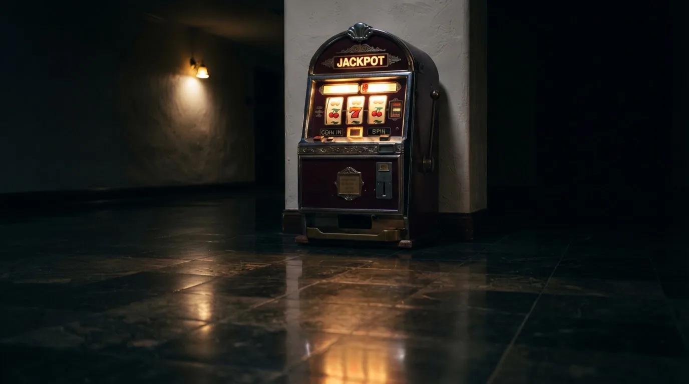 En gammal spelautomat lyser i den dunkla hallen och speglar sig i golvet — svenska casinon med visa