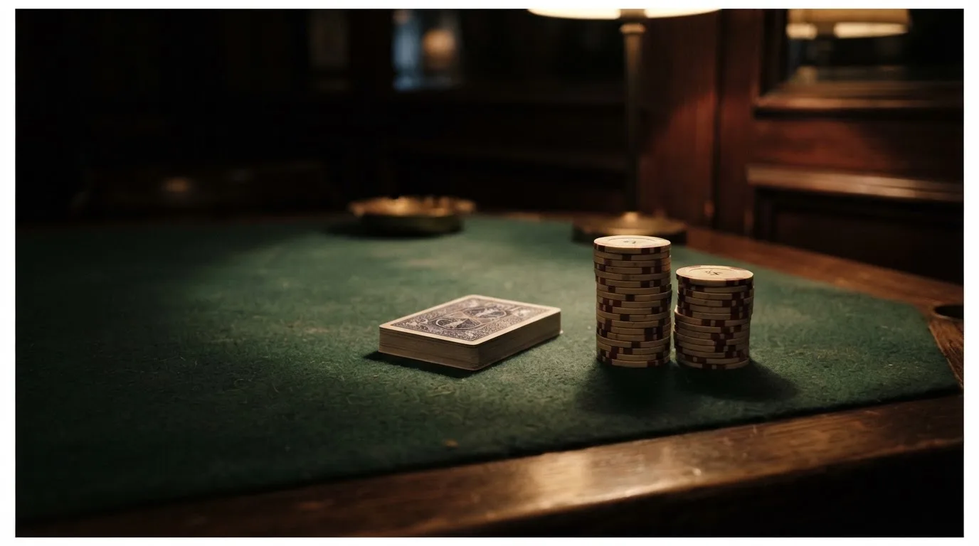 Kortlek och staplar av spelmarker på ett grönt filtbord i en dunkel salong, varmt lampsken — svenska casinon med zimpler