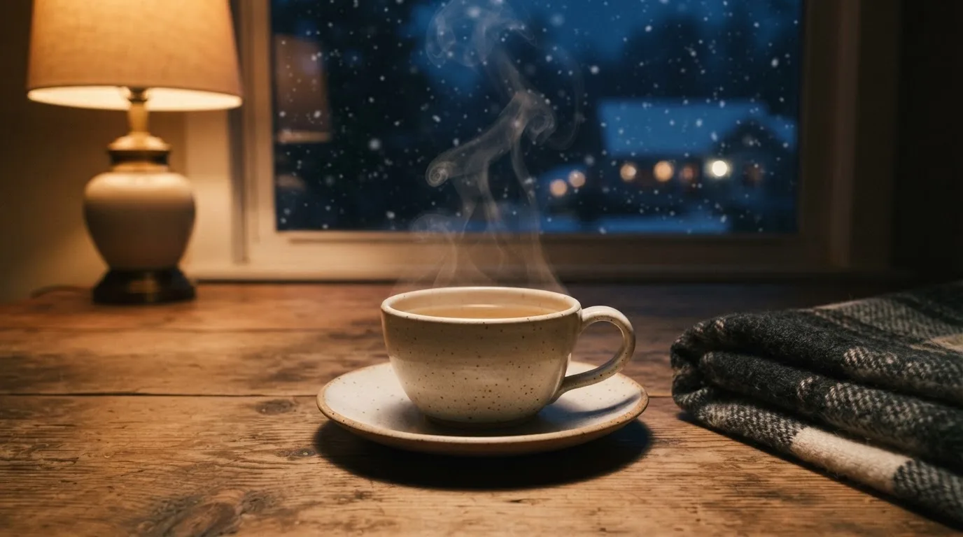 En rykande tekopp på köksbordet en vinterkväll, bakom fönstret faller snön stilla — svenska casinon på nätet