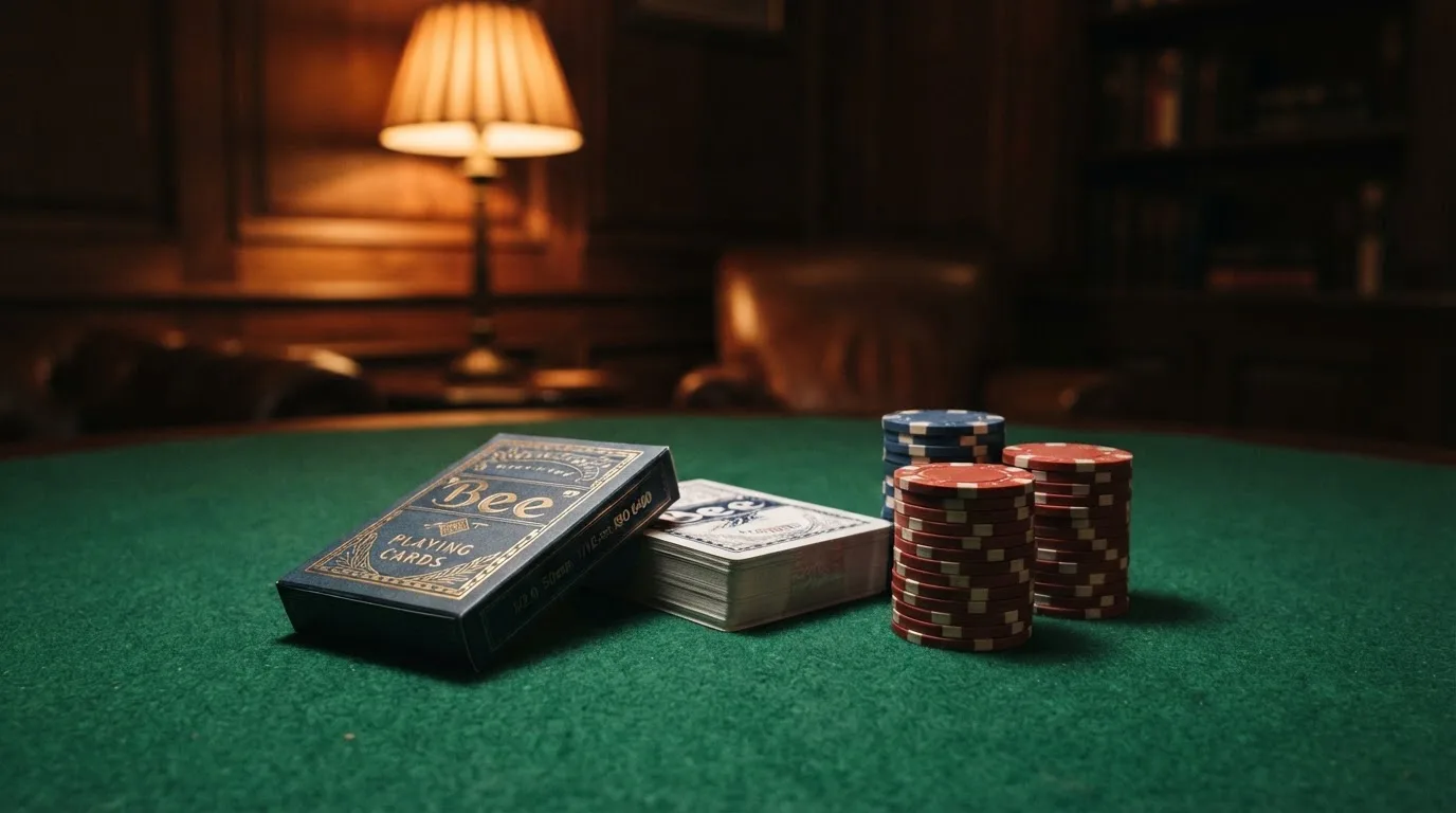 Kortlek och staplar av spelmarker på ett grönt filtbord i en dunkel salong, varmt lampsken — svenska casinon utan konto