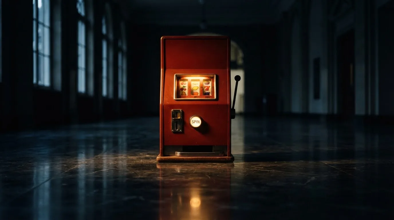 En gammal spelautomat lyser i den dunkla hallen och speglar sig i golvet — svenska casinon utan registrering