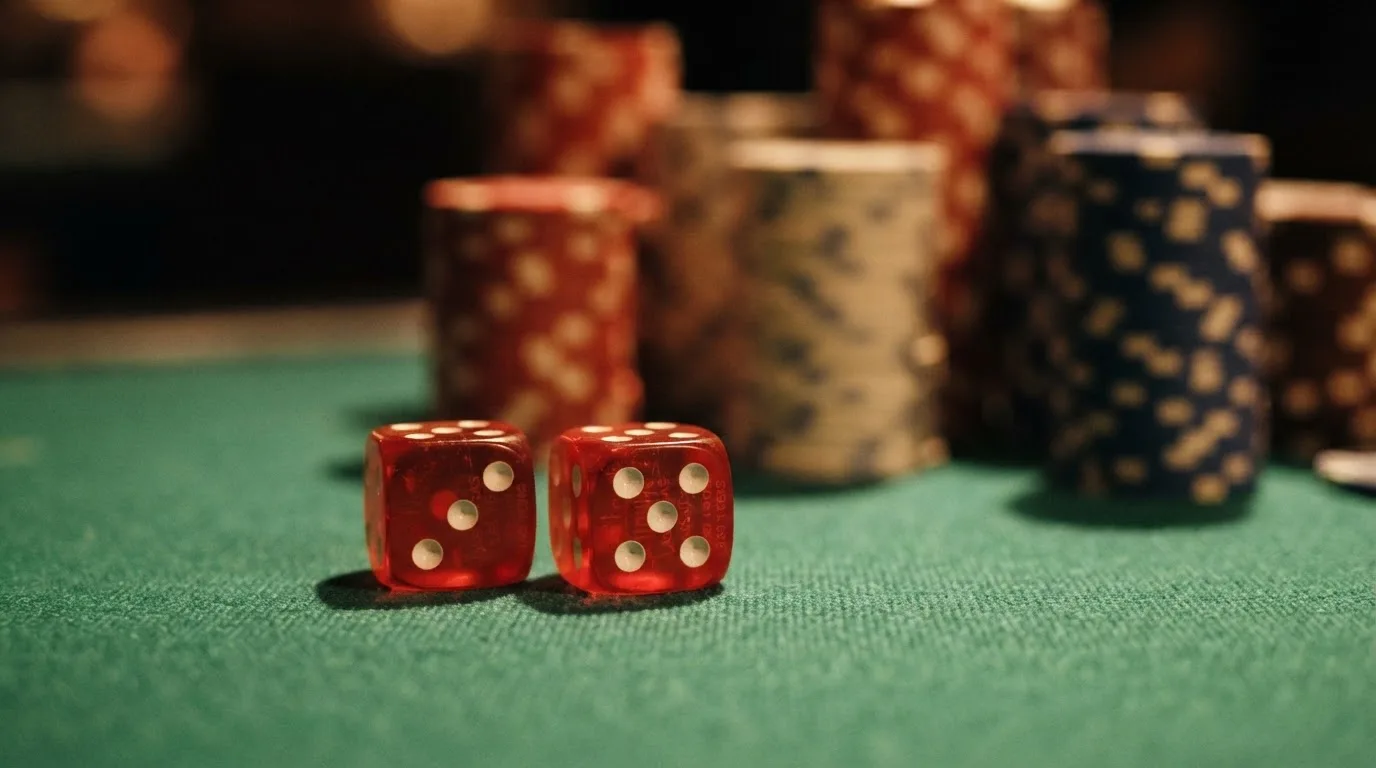 Röda tärningar vilar på grönt filt, bakom dem suddiga torn av spelmarker i kvällsdunklet — svenska casinon utan spelpaus