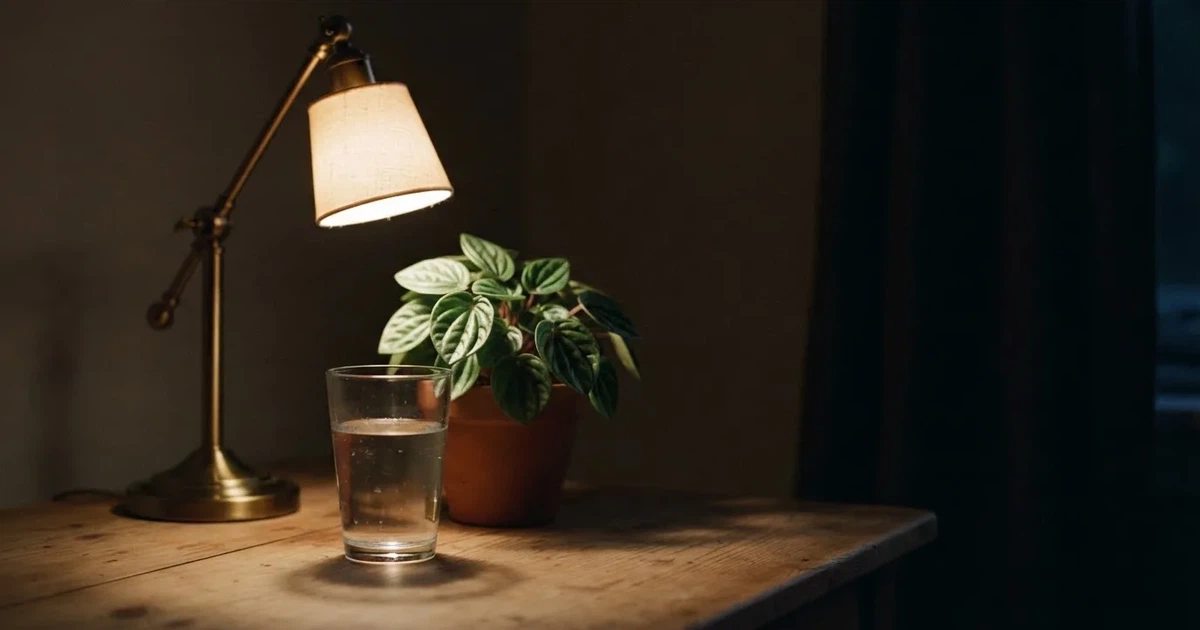 En skrivbordslampa lyser upp ett vattenglas och en kruka, rummet bakom mörknar sakta — svenska casinon utan spelpaus