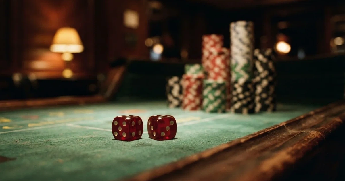 Röda tärningar vilar på grönt filt, bakom dem suddiga torn av spelmarker i kvällsdunklet — svenska internet casinon