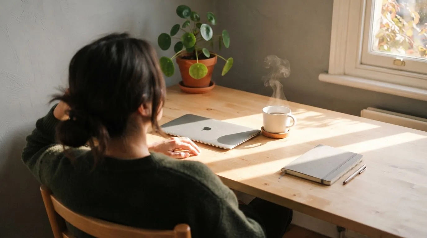 En person sitter vid ett skrivbord hemma med en kopp kaffe och en bärbar dator stängd bredvid sig i morgonljus.