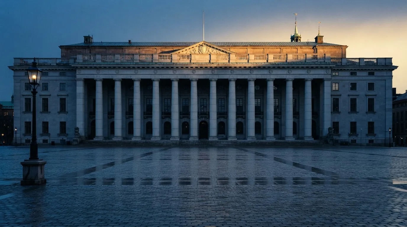 Stenfasad på en statlig byggnad i Stockholm vid gryning, höga pelare och ett tomt torg framför — svenska online casinon