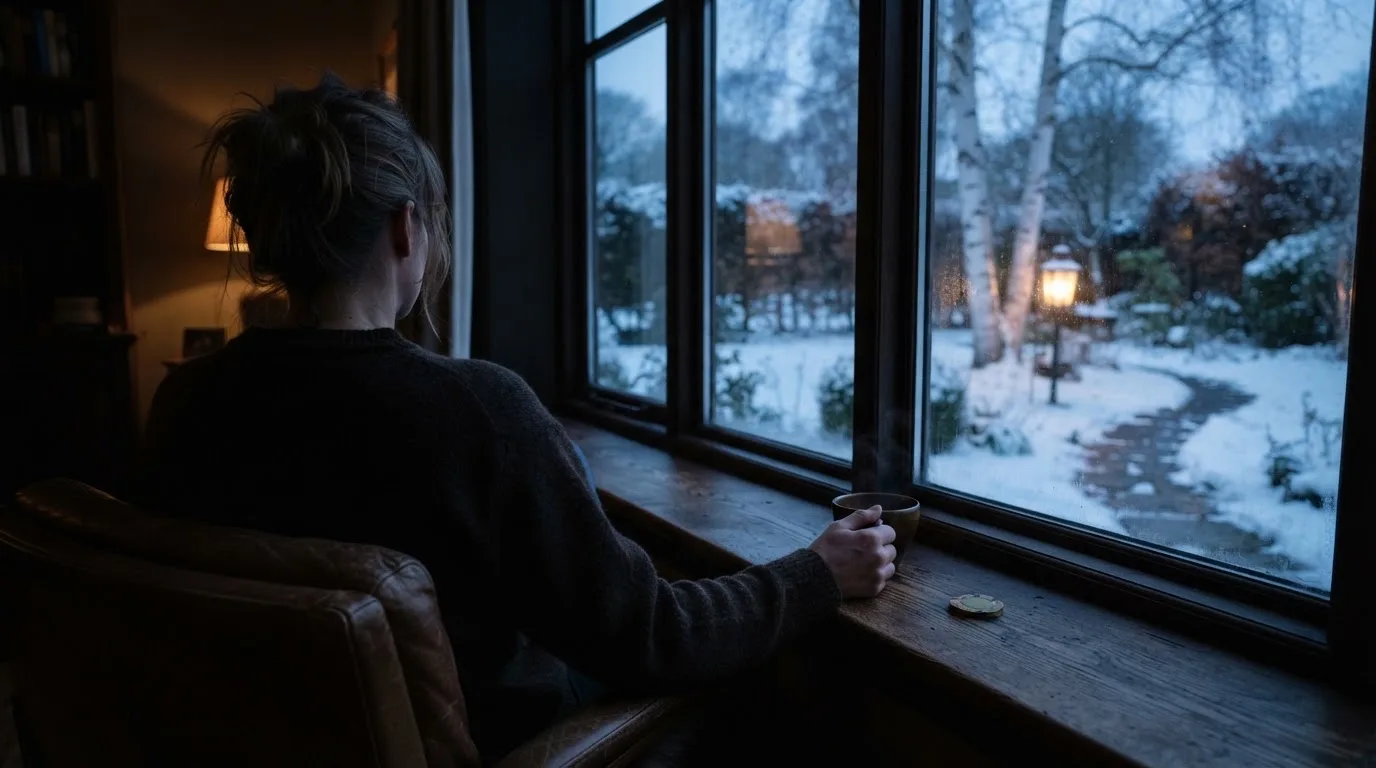 En person sitter ensam vid ett fönster i skymningen och håller en tekopp, med en rofylld vinterträdgård synlig utanför glaset.