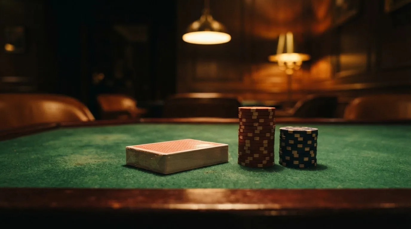 Kortlek och staplar av spelmarker på ett grönt filtbord i en dunkel salong, varmt lampsken — utländska casinon i sverige