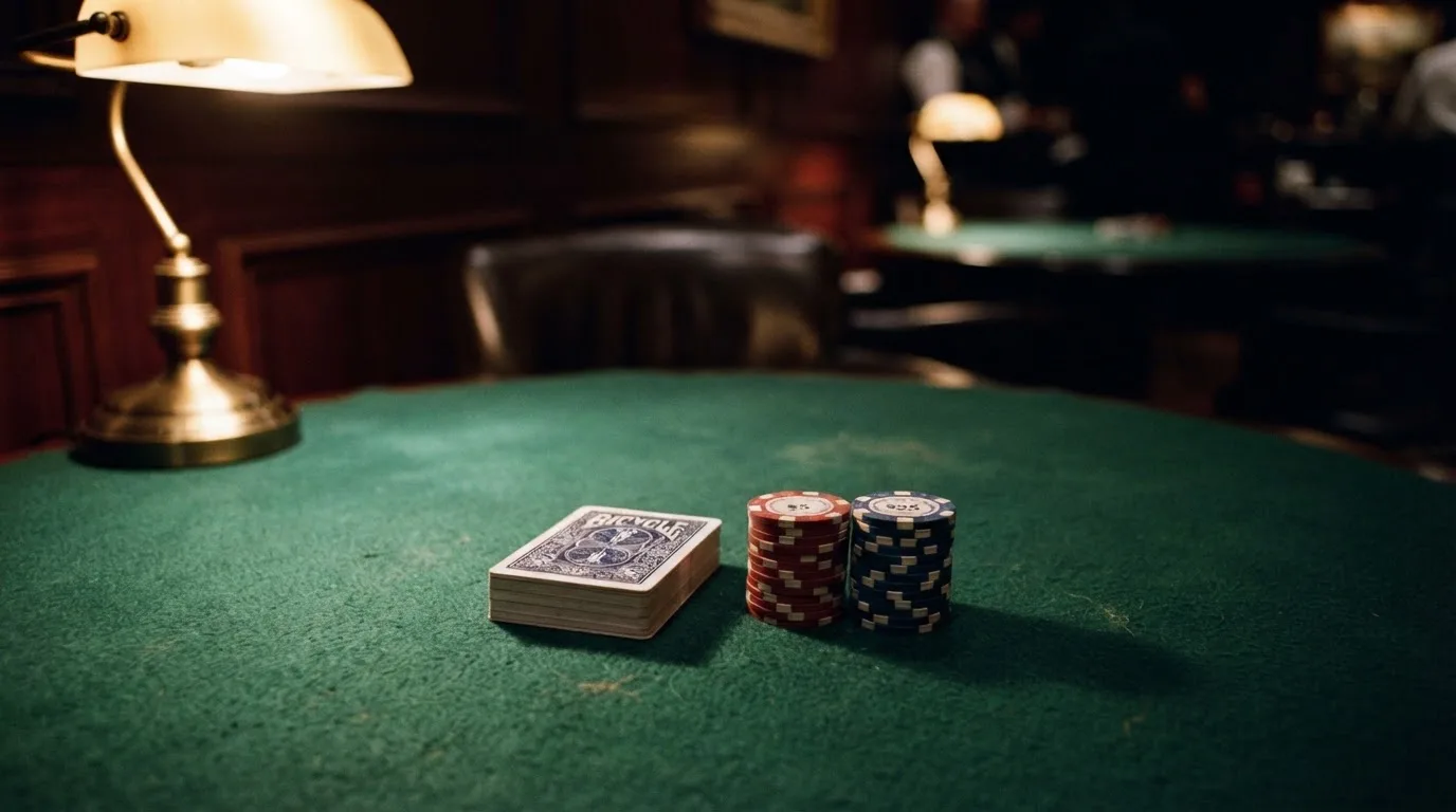 Kortlek och staplar av spelmarker på ett grönt filtbord i en dunkel salong, varmt lampsken — vinna på svenska casino